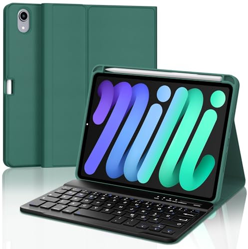 Funda con Teclado para iPad Mini 7 2024/iPad Mini 6 2021, Teclado para iPad Mini 7/6 Generación 8.3, Teclado Inalámbrico Bluetooth Desmontable para iPad Mini 6/7 Generación 8.3 pulgadas, Verde oscuro