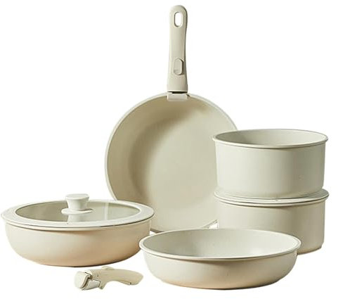 Gourmetific - Set di pentole e padelle per cucinare, set da cucina per , set di cottura antiaderente, set di padelle antiaderenti bianco crema con manico staccabile per padelle