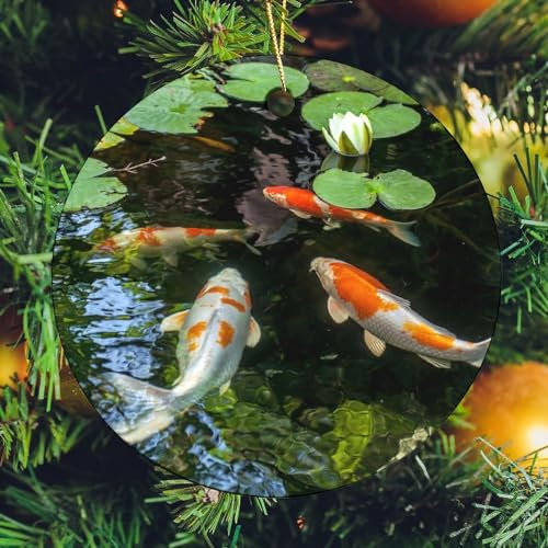 Weihnachtsbaumschmuck 7.3cm, Bunter Koi-Fisch-Lotus Weihnachtsschmuck Elegant Christbaumschmuck Anhänger Personalisierte Runde Keramik Ornament Für Holiday Party Neujahr Geschenk
