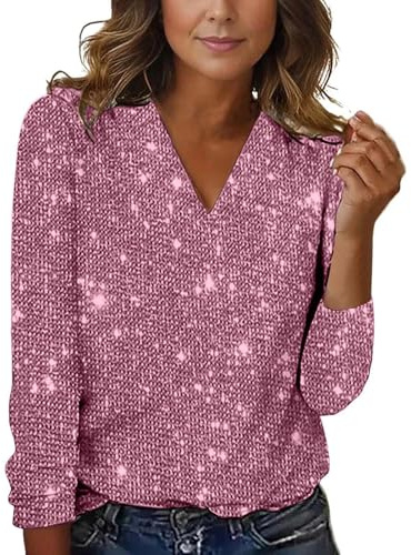 HEONSATI Top+Paillettes Camicetta Cotone Maniche Lunghe Blusa con Glitter Casual Cerimonia Maglia Glitter Scollo a V Maglietta Taglie Forti Capodanno Top Paillettes Curvy per Feste e Serate