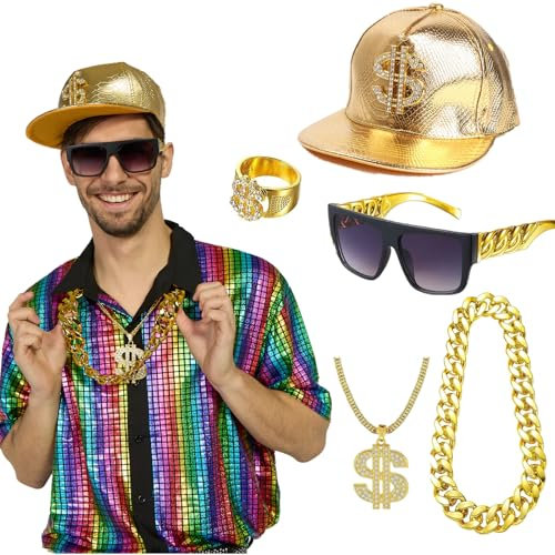 80er 90er Jahre Accessoires 5pcs Hip Hop Rapper Kostüm mit Baseballkappe Sonnenbrille Goldkette Dollar Ring 80er Jahre Outfit für Mottoparty Halloween Karneval Fasching