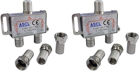 ASCL 2 Way Indoor TV Aerial Splitter with F Plug - Silver (Pack of 2)