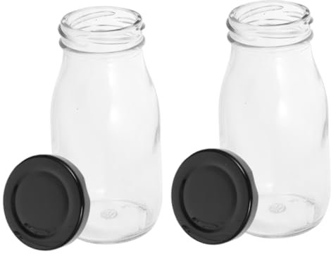 TOPBATHY Botellas De Leche De Vidrio Transparentes 200 Ml Con Tapa De Rosca Hermética, Envases Reutilizables Para Jugo, Yogur y Bebidas, Diseño Práctico Para Uso Doméstico, Pack De 2 Unidades