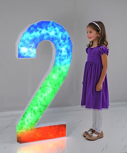 4 FT Marquee Light Up Numbers 2 for Party Decoration, Colorful Large Mosaic Lighted Number with Weighted Water Bag Plastic Foam Board Set for Birthdays Weddings Baby Anniversaries