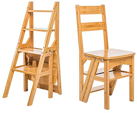 DONGGANSHI Solid Wood Folding Ladder Chair,Protable 4-Step Library Ladder,Convertible Folding Chair Step Stool Display Stand for Adults Office Home Kitchen Outdoor