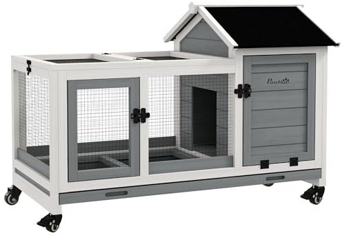 PawHut Zwergkaninchenstall aus Holz, 108 x 58 x 73,5 cm Kleintierstall mit Freilaufgehege, Rädern, Klappdach, Zwergkaninchenkäfig mit Ausziehbarem Tablett für Indoor, Outdoor, Grau