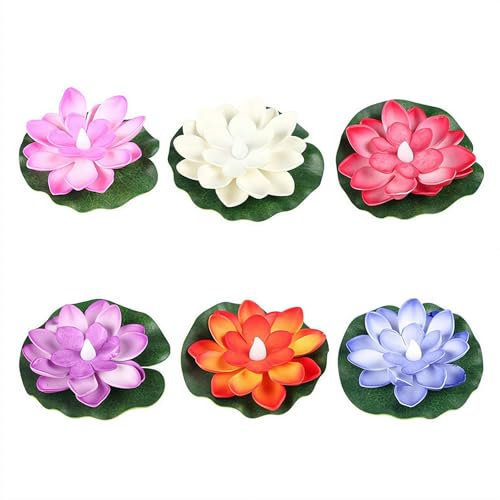 ZOUBAOQ Lot de 6 lampes flottantes de piscine, lumière de lotus flottante pour étang, lampe de jardin LED étanche, lotus artificiel, nénuphar activé à piles pour décoration de bassin de jardin