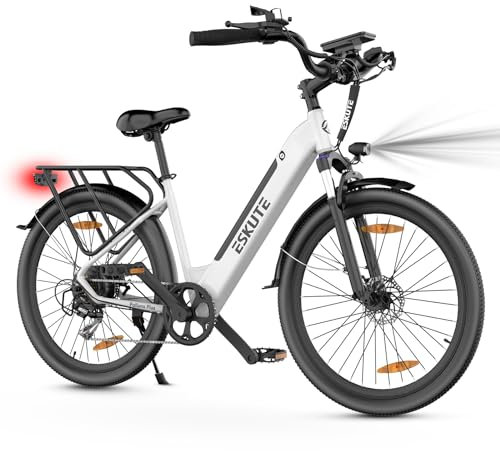 ESKUTE Elektrofahrrad 26 Zoll Polluno Plus, Pendlerfahrrad, E-Cityrad, Elektrisches Stadtrad mit 36V, 20Ah Li-Ion Akku, Hybridmodus Reichweite bis zu 120KM, EU-konformes E-Bike, Weiß