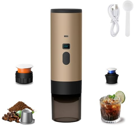 Machine a Cafe Portable 3 en 1, Machine à Café Multi Capsules Avec Écran LED et Type-C, Chauffage Auto en 5-8 Minutes, Pour Camping, Bureau (Couleur Champagne (sans support ni sac en velours))