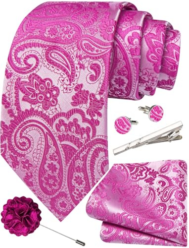 Ailisus Krawatten für Herren, Paisleymuster, Krawatte und Einstecktuch, Manschettenknöpfe, Anstecknadel, Krawattenklammer, Set, Hochzeit, formell, 5 Stück, hot pink, Einheitsgröße