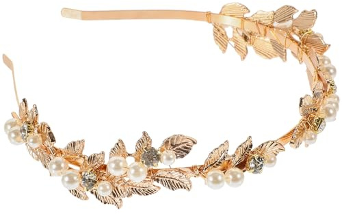 Toyvian Rose Gold Bridal Headband Rhinestone Pearl Crystal Wedding Tiara with Metal Leaves, Gold Headpiece Elegant Bridal Hair Accessories for Brides, Bridesmaids, And Special Occasions