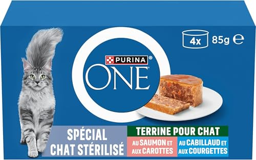 PURINA ONE | Terrines pour Chat Stérilisé | Aide à maintenir un système immunitaire sain, soutenir l'équilibre du microbiome intestinal et à contrôler le poids | Saumon et Cabillaud |Boîtes | 4 x 85 g