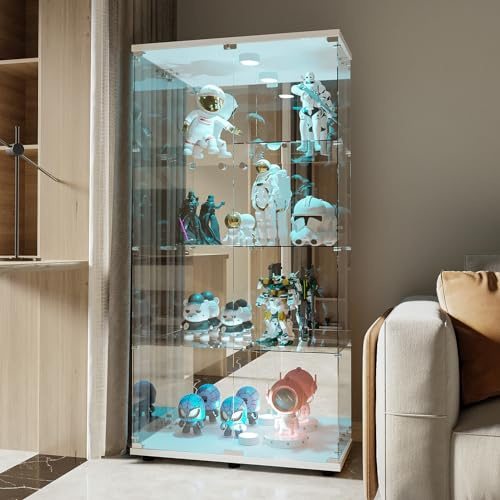 Vitrine en Verre avec LED,Meuble Vitrine pour Collection,Vitrine Salon avec 2 Portes et 4 Étagères Ajustables,Convient pour Le Salon,La Chambre à Coucher et Le Bureau (LED Effet Miroir,Blanc)