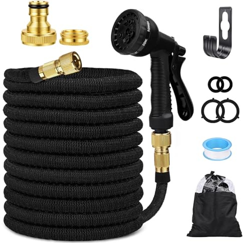 Tubo da Giardino Acqua Flessibile Estensibile 30m, 8 Funzioni di Spruzzo Tubo Acqua con Connettore in Ottone da 1/2 e 3/4, Adatto per Autolavaggio, Giardino, Prato, Bagni Animali (Nero)