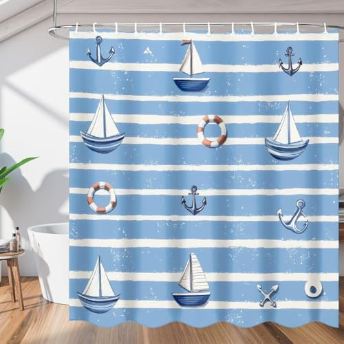 AUWUUA Maritimer Duschvorhang 160x220cm/BxH Blaue Streifen mit Ankern, Rettungsringen und Segelbooten Duschvorhang für Badezimmerdekoration, wasserdichtes Polyestergewebe mit Haken