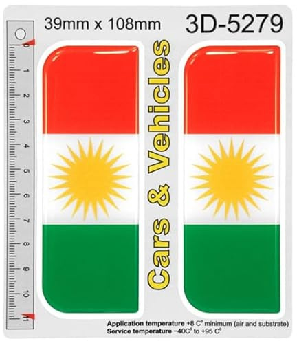 EJ 2x Kurdistan Flag Kurdish Sun Kurd Alaya Number Plate Stickers – Front & Rear 3D Gel Domed Silicone Badges, Self-Adhesive Car & Van Decals (39mm x 108mm)