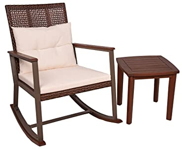 DELUKE Outdoor-Schaukelstuhl Mainz mit Beistelltisch Dunkelbraun Eukalyptus | Gartenstuhl Relaxsessel Garten Balkon Outdoor