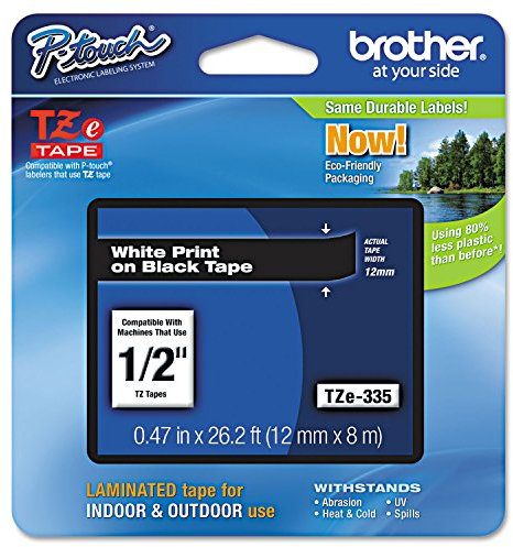 Brother Genuine P-Touch TZE-335 Label Tape, 1/2 (0.47) Standard Laminated P-Touch Tape, White on Black, Laminated for Indoor or Outdoor Use, Water Resistant, 26.2 Feet (8M), Single-Pack