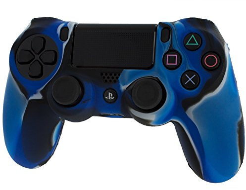 Assecure Pro Soft Silikon Griff Schutzhülle für Sony PS4 Controller Gummi Bumper case mit geriffeltem Griff - Camouflage camo blau & schwarz
