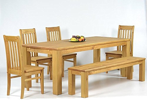 Sitzgruppe Garnitur mit Esstisch 160x90cm + 4 Stühle Klassic + 1 Bank 140x38cm Pinie Massivholz, geölt und gewachst, Farbton Honig