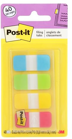 Post-it Tabs, 5/8 Solid, Aqua, Yellow, Pink, Purple, Durable, Writeable, Repositionable, Sticks Securely, Removes Clean, 10/Colour, 40/Dispenser (676-AYPV)