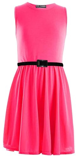 A2Z 4 Kids Girls Party Fashion Dresses with Free Belt Summer - Skater Sleeveless Neon Pink 9-10