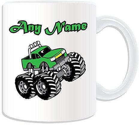 Personalised Gift - Green Monster Truck Mug (Transport Design Theme, White) - Any Name/Message on Your Unique - Car Large Wheels Race Crush Freestyle Competition Vehicle Automobile Driver