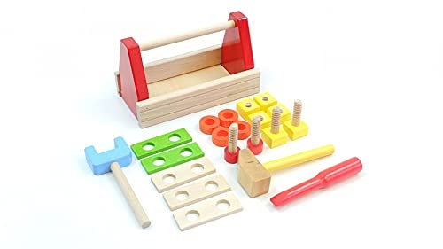 Hobby Box / tragbare Werkzeugkiste 21-teilig / Made in Germany / Holz / holzfarbend, blau, orange, rot, grün+gelb / Maße: 22 x 11 x 12,5 cm