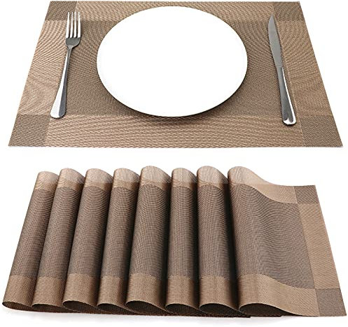 SueH Design Gewebte Platzsets Tischsets 8er Set Vinyl Hitzebeständig Platzdeckchen Antifouling und Waschbar 45 cm * 30 cm, Braun