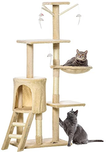 PawHut Árbol para Gatos Rascador Grande con Nidos Plataformas Casetas Ratón de Juego 131cm Cubierto de Felpa Beige