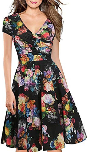 Women's Criss-Cross Necklines V-Neck Cap Sleeve Floral Casual Work Stretch Swing Summer Dress Party Dress Black(M)