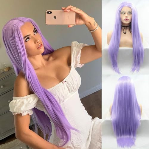 Lila pastel púrpura peluca alta temperatura amigable sintético Encaje frente Pelucas para las mujeres señoras Cosplay Sirena Drag Queen pelo largo recto