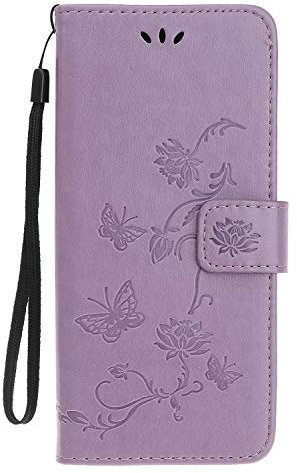 Reevermap Samsung Galaxy A20E Case Flip Cover PU Leather Wallet Lotus Butterfly Embossed Magnet Closure Card Slot Holder Stand Silicone Bumper Shockproof Case for Samsung Galaxy A20E Light Purple