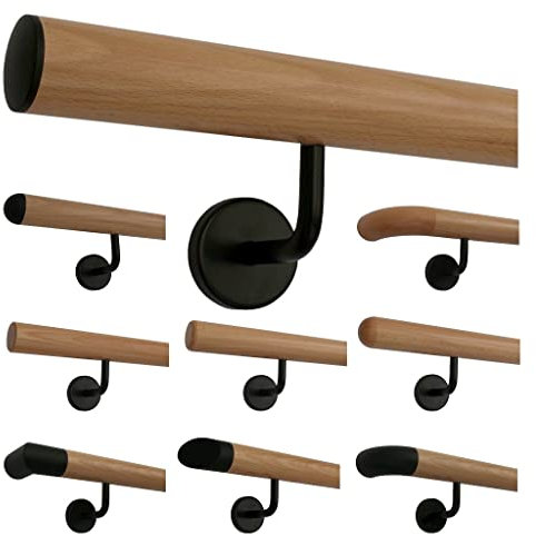 TIBU Buche Holz Handlauf Geländer 30-500cm im Set schwarze Halter Wandhandlauf Wand Treppe, Länge 410 cm mit 5 Halter Enden leicht gewölbte schwarze Kappen