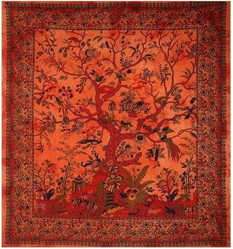 THE ART BOX Wandteppich Orange Baum des Lebens Wandbehang Psychedelische Wandteppiche Indische Baumwolle Twin Tagesdecke Picknickplatte Wanddekor Decke Wandkunst (klein, 30x40 Zoll)