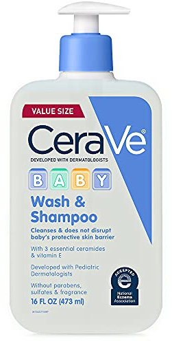 CeraVe Baby Wash & Shampoo, 2-in-1 Tear-Free for Skin Hair Fragrance, Paraben, Dye, Phthalates Sulfate Free Bath, Soap with Vitamin E 16 Ounce