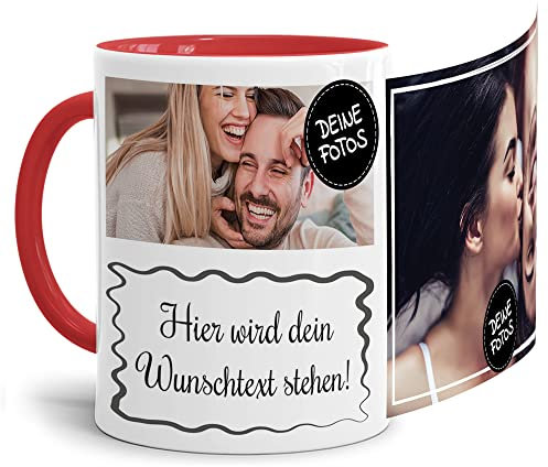 Foto-Tasse selbst gestalten mit Text & Collage für 2 Fotos - Geschenk für Familie, Freunde, Geburtstag, Weihnachten - Keramik Innen & Henkel Rot, 300 ml I Personalisiert