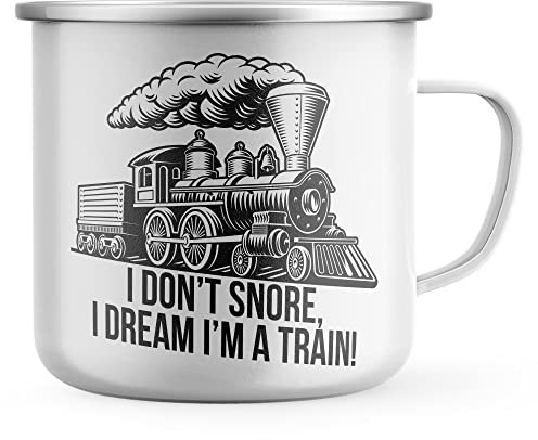 Purple Print House I Dont Snore, I Dream I'm a Train Enamel Mug, Train Gifts for Men, Birthday Gift Ideas, Metal Drinking Coffee Cup, One Size, White