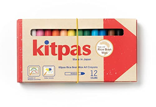 Kitpas Rice Wax Crayon Medium 12 Colours - Bright, Bold Crayons for Almost any Surface including Paper, Glass and Mirrors