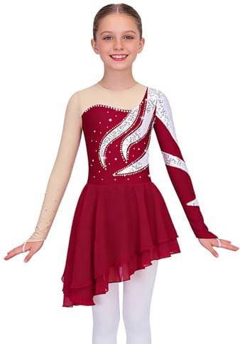 Runhomal Mädchen Langarm Eiskunstlauf-Kleid Pailletten Tanzkleid Skaterkleid Rundhals Ballettkleid Ballettkleidung Turnbody Balletttrikot mit Chiffon Tanzrock