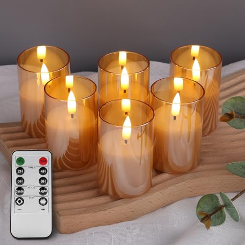 Eywamage Gold Glass Flameless Candles with Remote Timer, 6 Pack Flickering LED Votive Candles Battery Included Φ 2 H 3
