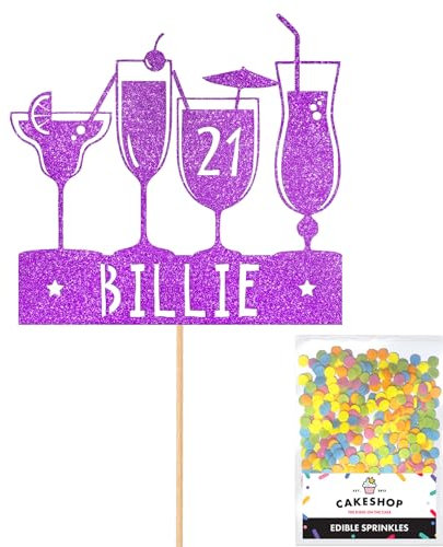 Personalised Cocktail Glitter Cake Topper - Purple Any Custom Name & Age Gin Vodka Glitter Cake Decoration and Sprinkles - Happy Birthday Decorations - Personalised Toppers for Cakes by Cakeshop