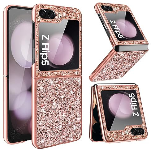 Coque de protection à rabat Z Flip 5 pour Samsung Galaxy Z Flip 5 - Paillettes scintillantes - Anti-chocs - Anti-rayures à 360 ° - Ultra fine - Galaxy Z Flip 5 5G - Or rose