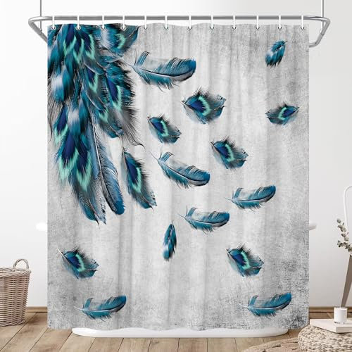 XHCEOH Rideau de douche motif plumes de paon turquoise, bleu sarcelle, queue de paon, rétro, classique, noble, oriental, femmes, filles, gris, vintage, floral, rideaux de salle de bain avec crochets