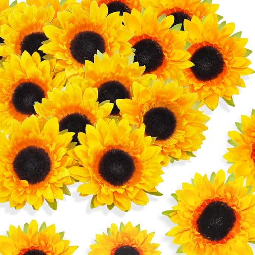 ROLLWAY 30 Stück Künstliche Sonnenblumen Köpfe 9CM, Sonnenblumen Deko Blumen Kunstblumen Blumenköpfe Sunflowers Seidenblumen Gelb Blumendeko für Hochzeit Garten Party Tischdeko Fotografie Handwerk