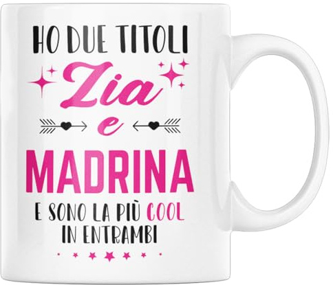 Vulfire Tazza Idea Regalo per Zia, Io Ho Due titoli Zia e Madrina e Sono bravissima in Entrambi, mug Simpatica Famiglia Donna Regalo per lei (Bianco, Ceramica)