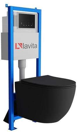 Lavita LAV 101 Vorwandelement für WC 40cm + Wand Hänge Tiefspül WC BRAVA Schwarz Spülrandlos + Bedienplatte LAV 200.4.4 Schwarz | wc sitz, Komplettset | Unterputz Spülkasten | Toilette Komplett Sett