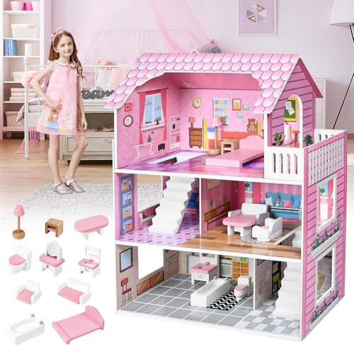 TWOLIIN Casa delle bambole in legno per bambini, 3 piani, Barbie Haus Dollhouse, set da gioco con mobili e accessori, giocattolo per ragazze e bambini dai 3 anni in su, 60 x 24 x 70 cm