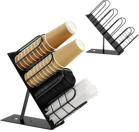 Niciksty Porte-Gobelet Et Couvercle Avec Support De Paille, Distributeur De Gobelets Jetables À 4 Compartiments, Distributeur Réglable De Tasses À Café Pour Station De Café Bureau Cuisine - Noir