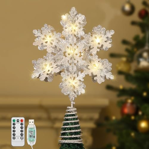 Lewondr Weihnachten Schneeflocken Baum Topper, 13'' Xmas Tree Topper mit LED-Lichtperlen, 3D Schneeflocken Treetop USB & Fernbedienung, Weihnachtsbaum Dekoration für Hausparty, Silber